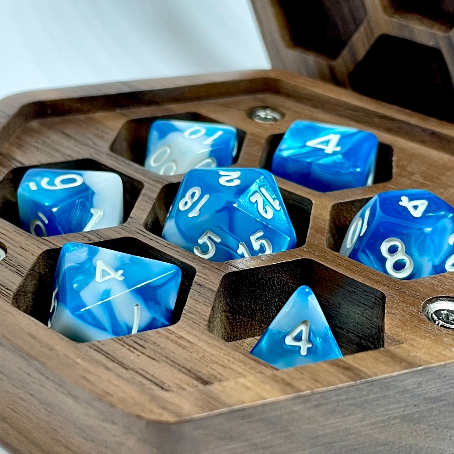 Wooden maple dnd skull dice case open close up with blue dice inside