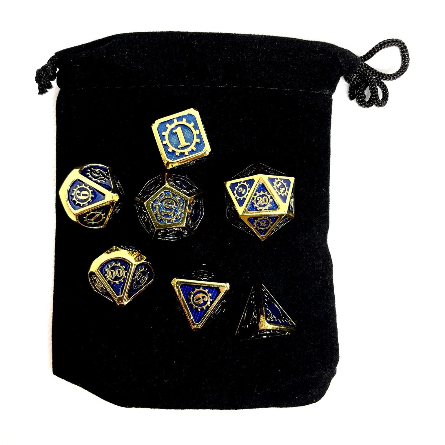 Duergar metal dnd dice set of 7 steampunk blue and gold on top of black dice pouch