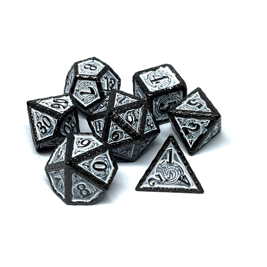 Metal bard dnd dice set of 7 musical note pattern blue and black trim