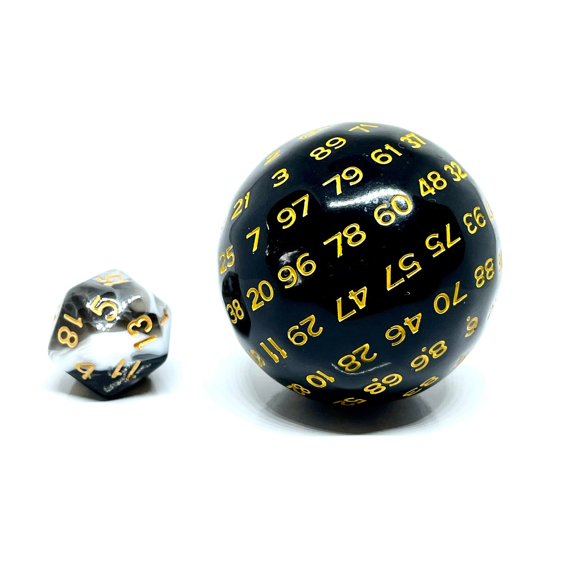 dnd d100 black with gold numbers 100 sided dice size comparison