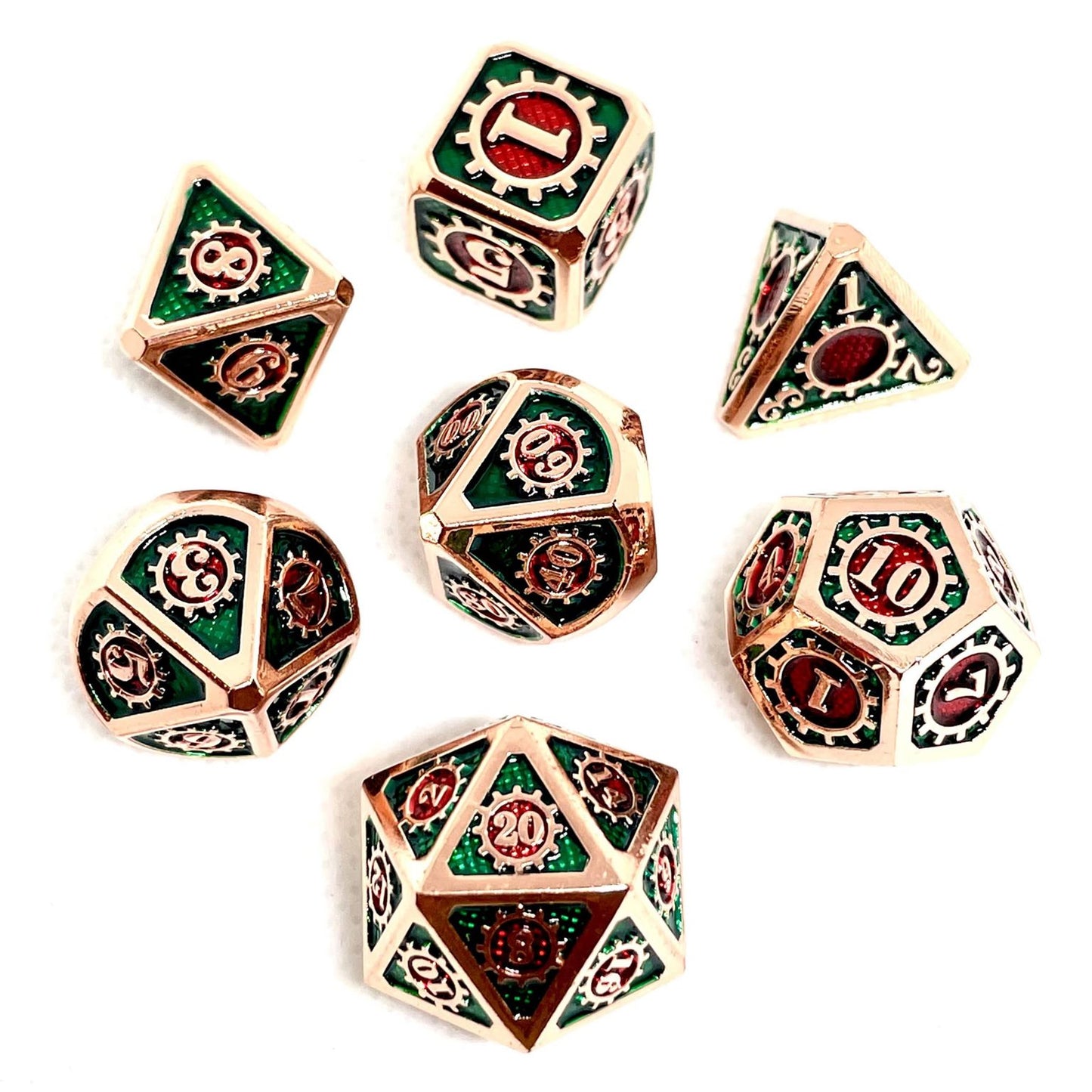 Rug of Smothering metal dnd dice set of 7 green and red