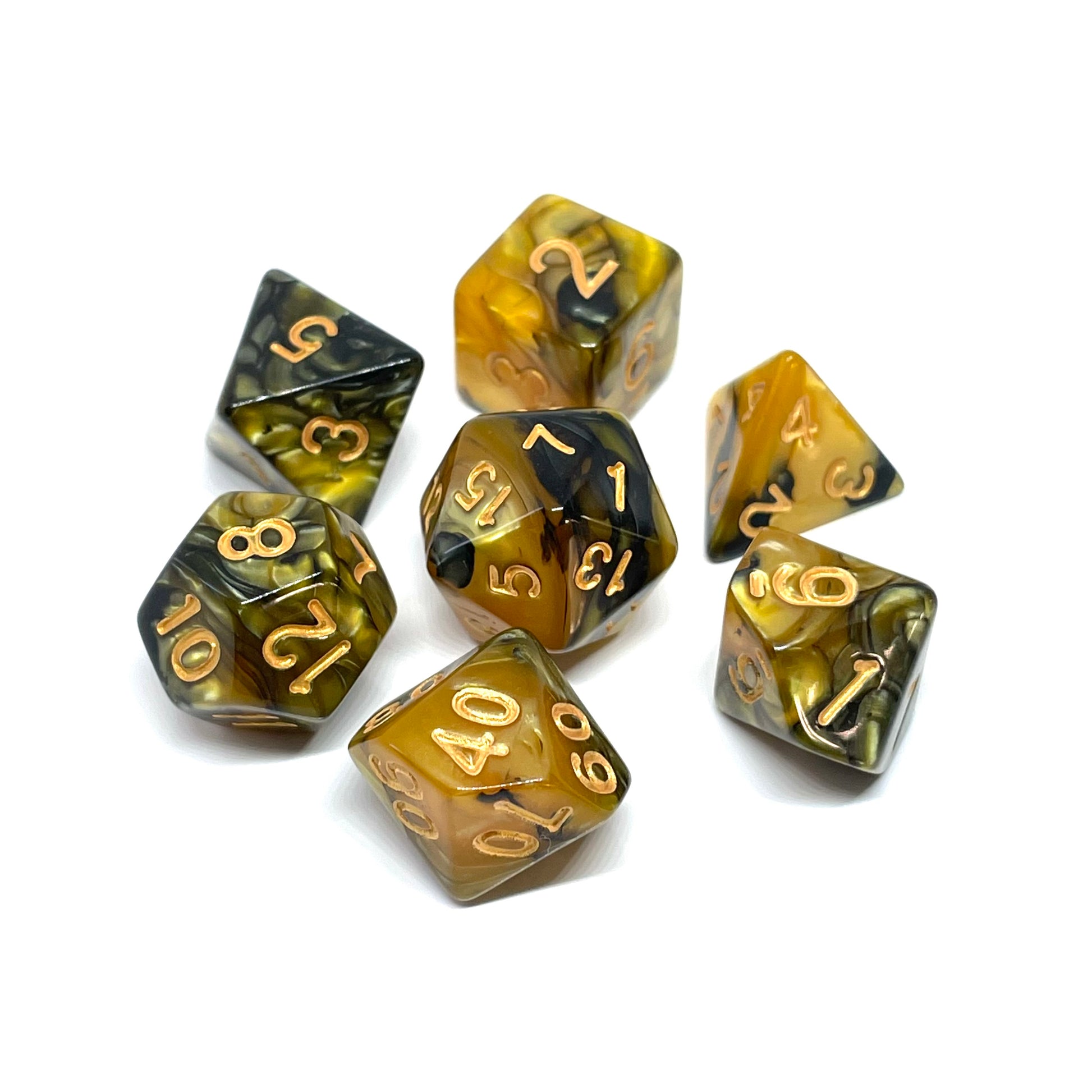 Ochre Jelly plastic dnd dice set of 7 yellow and black