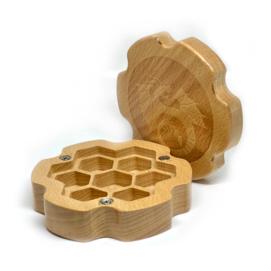 Wooden oak dnd dragon dice case open
