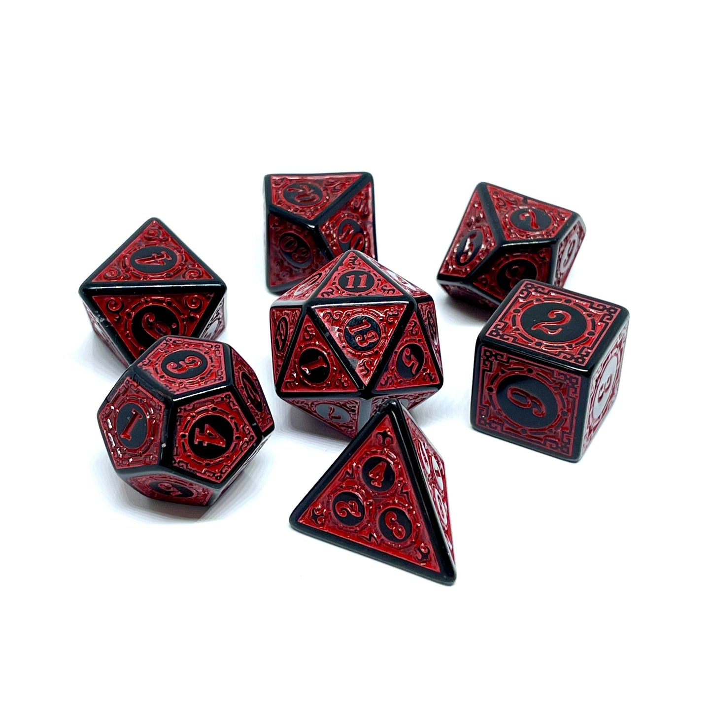 Red Dragon plastic dnd dice set of 7 red and black