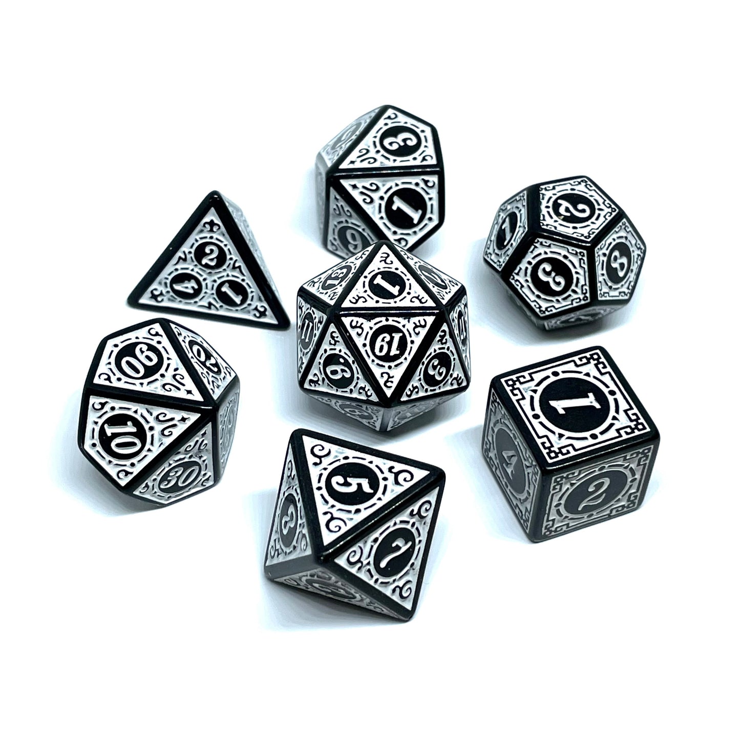 White Dragon plastic dnd dice set of 7 white and black