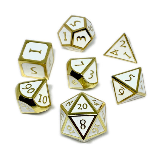 Paladin Cleric metal dnd dice set of 7 white and gold