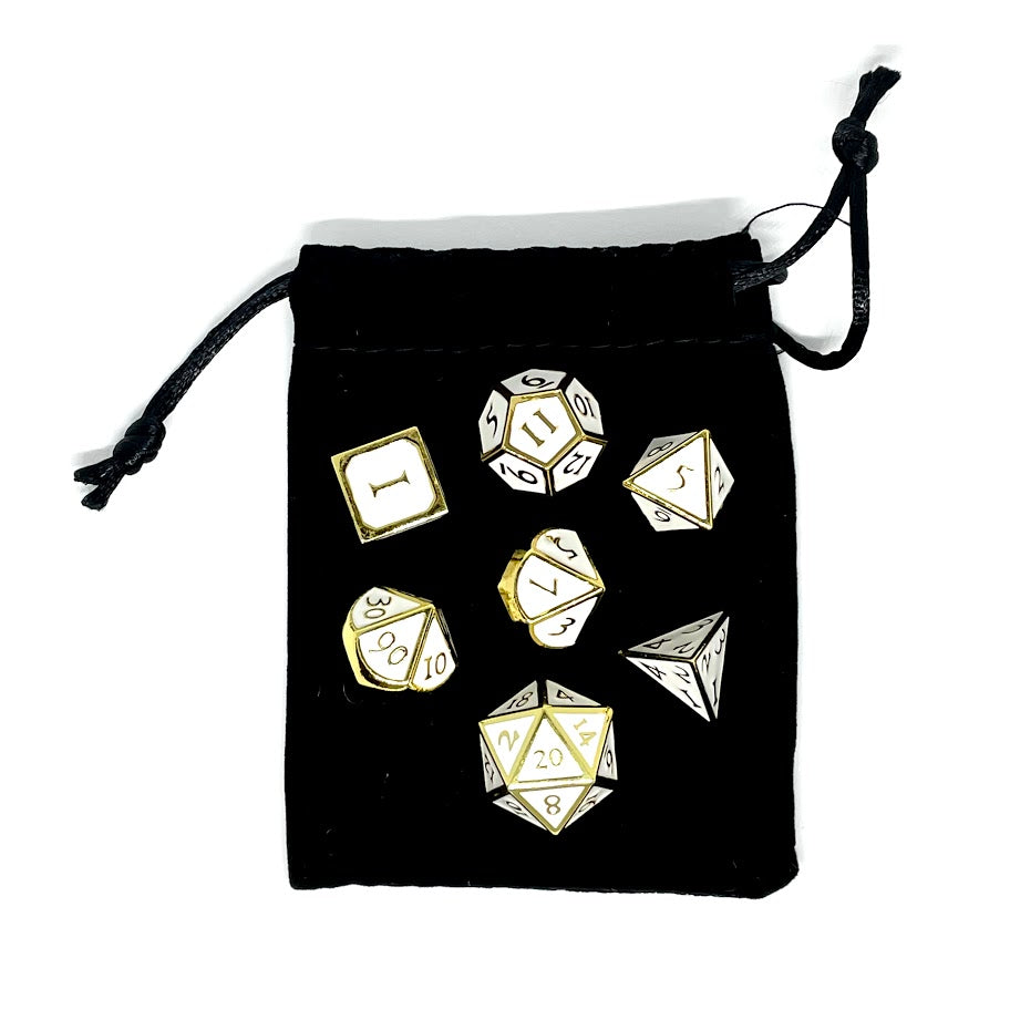 Paladin Cleric metal dnd dice set of 7 white and gold on top of black dice pouch
