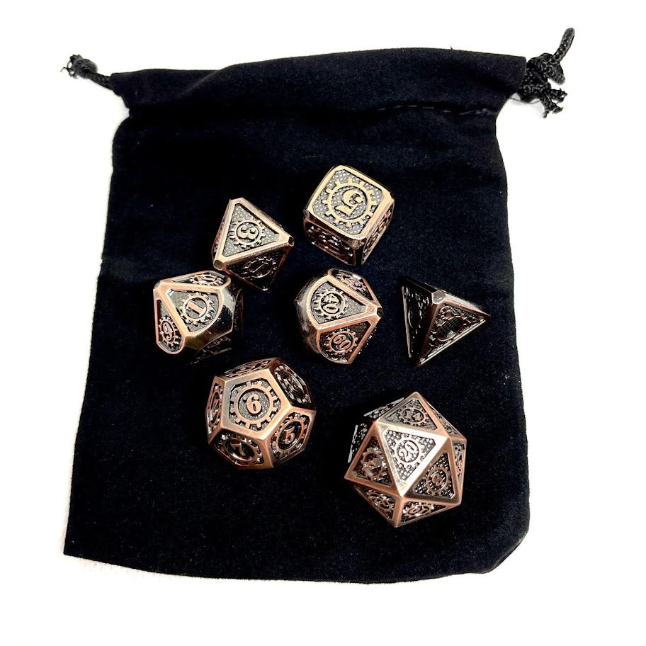 Dwarven Steel metal dnd dice set of 7 steampunk on top of black dice pouch
